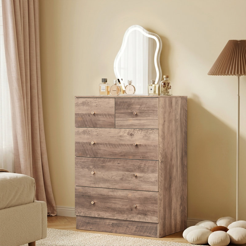  Commode à 5 tiroirs pour chambre à coucher et commode avec rangement robuste en bois pour garde-robe gris, Gris