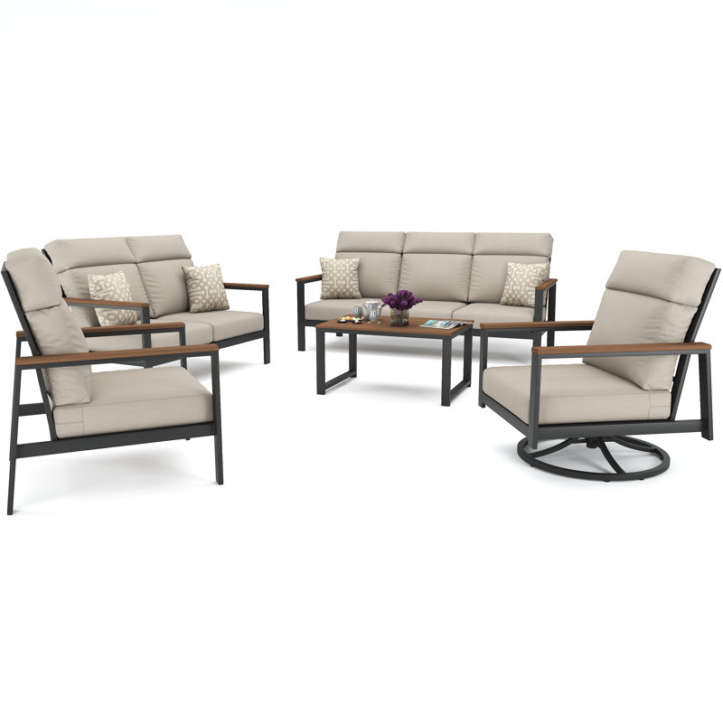 Syren 7 Person Seating Group With Sunbrella Cushions, Cast Silver, Dark Gray/Brown