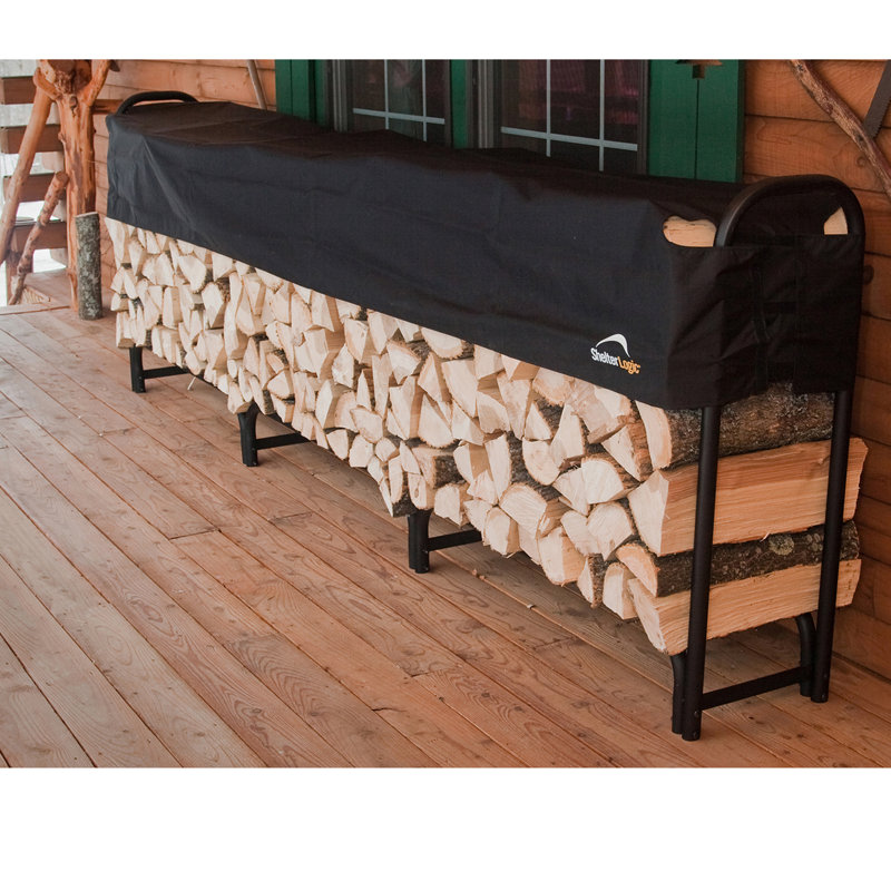 12 ft Black Steel Firewood Rack with Water-Resistant Cover