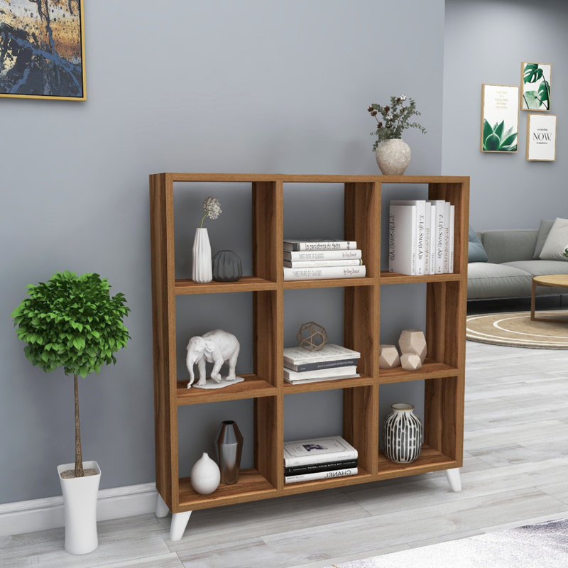 9 Cube Square Bookcase With Legs Cabinet Storage Shelving Display Wood Shelf, Walnut