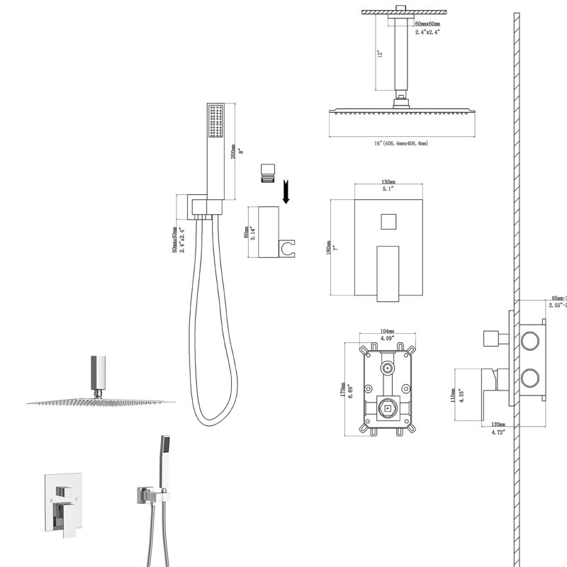 Shower System Kit - 16 Inch Ceiling Mount Square Dual Head With -Balanced Valve, Rainfall And Handheld, Easy Installation Browning Resistance Mounted In