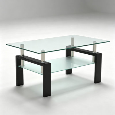 Two-Tier Rectangular Glass Coffee Table, Black Metal Frame Storage Cocktail Table for Living Room