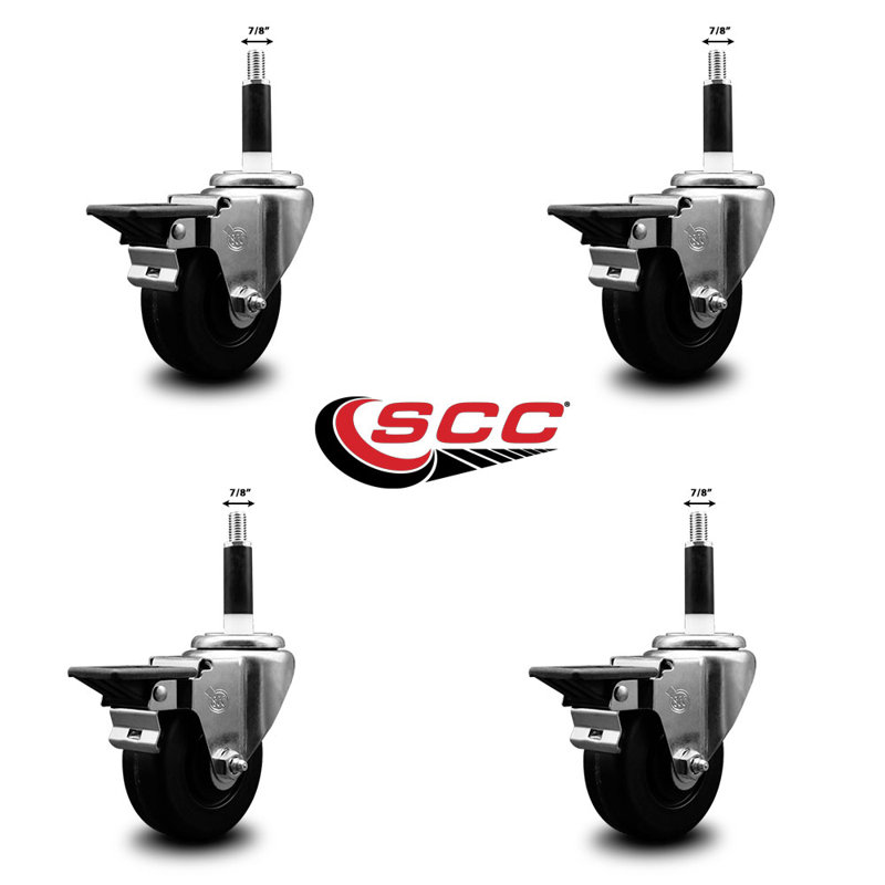 Phenolic Swivel Expanding Stem Caster Set with Brake SCC PLB 3.5" x 7/8"
