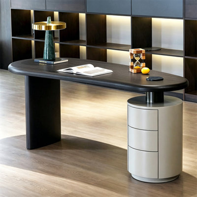 Bureau de luxe 86,61 "avec plateau ovale et piédestal cylindrique beige à 3 tiroirs