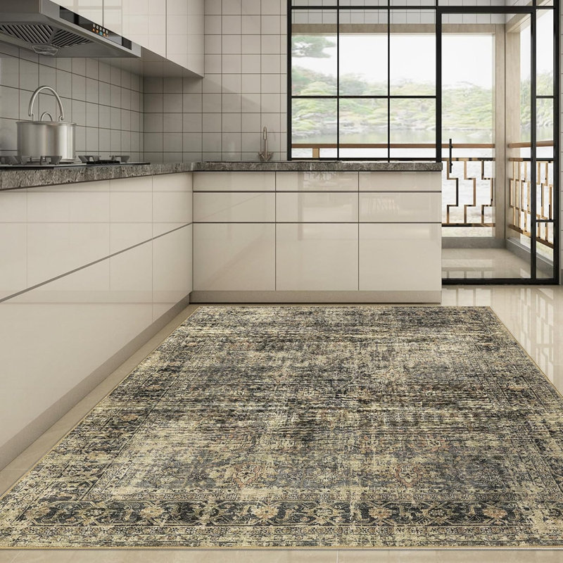 Washable Non-Slip Vintage Area Rug Hallway Bedroom Living Room Kitchen Soft Floor Stain-Resistant Low Pile Laundry Room Green