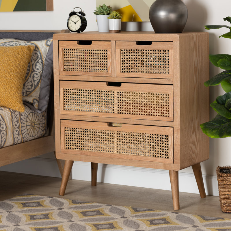 Alieen Mid-Century Modern Wood and Rattan 4-Drawer Accent Storage Cabinet