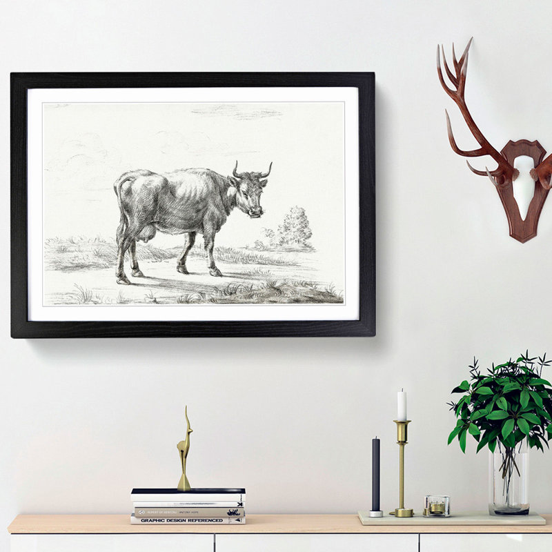 A Cow In The Meadow by Jean Bernard - Single Picture Frame Print, 45cm H x 63cm W x 2cm D, Black Framed