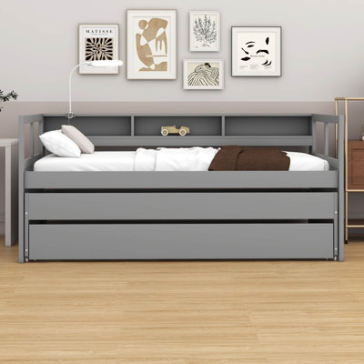 Multiple Twin XL Daybed  With 2 Trundles And 3 Storage Cubbies, Solid Wood Daybed Frame With A Light For Free And USB Charging Design, Space Saving De by Latitude Run