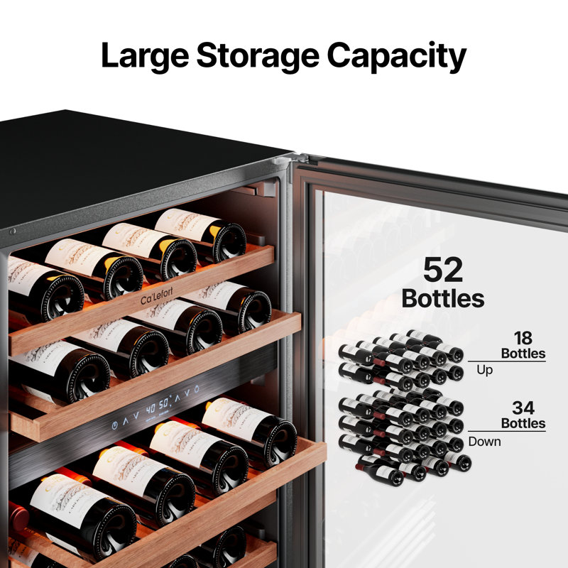 24" 52-Bottle Dual Zone Wine Cooler, Built-In & Freestanding, 5 Cu.Ft. Wine Refrigerator with 40–65°F, Amber/Blue/White LED, UV-Protected Double Glass, Hidden Hinges, Frost-Free, Carbon Filter, Front Vent, Compressor & Fan Cooling Wine Fridge