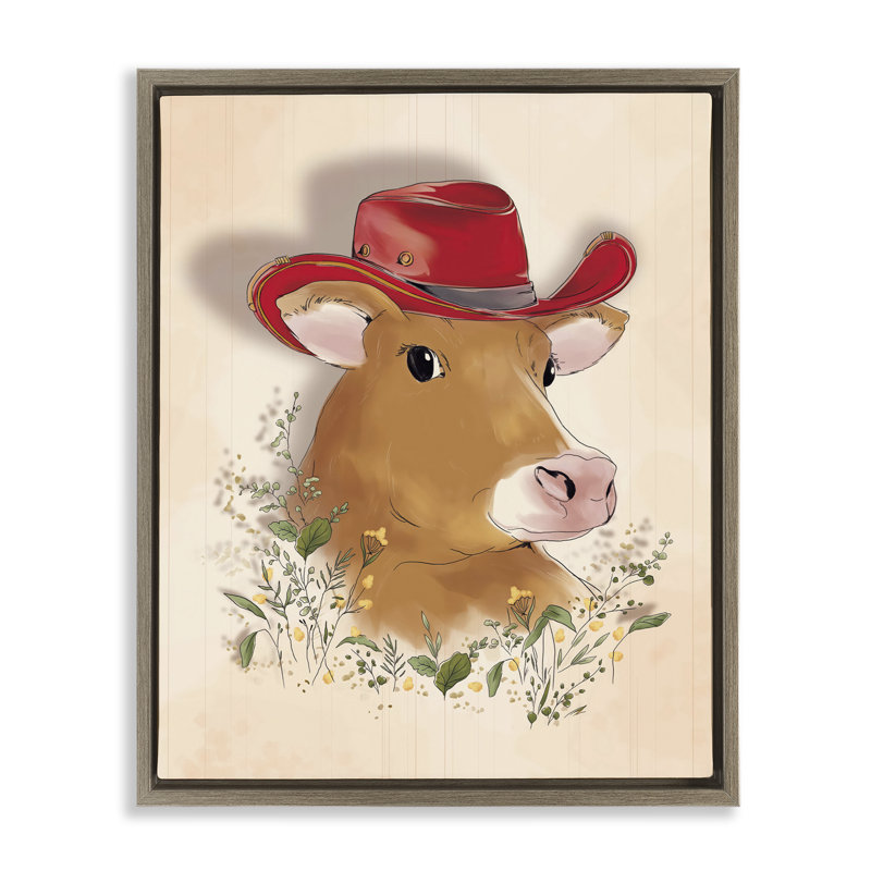 «Cow with Red Cowboy Hat», art mural encadré sur toile flottante par Andrea Jasid Grassi, H 31 po x l 25 po