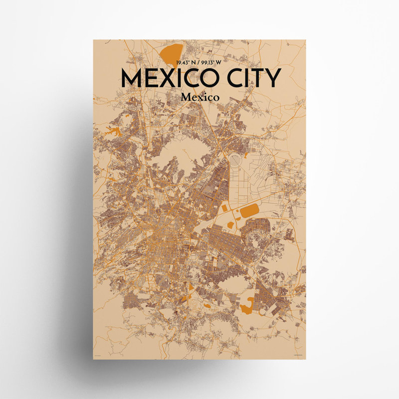 «Mexico City Map», impression, Orange / or pâle, H 36 po x l 24 po