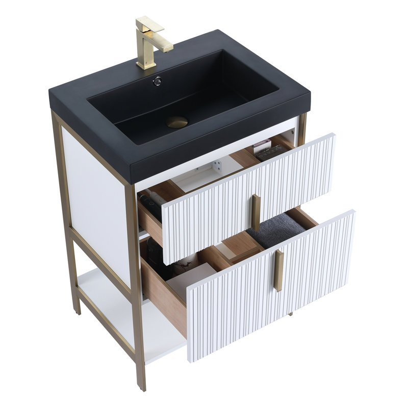  Meuble-lavabo moderne avec plateau en gel acrylique noir Serenity, 24", Noir, Laiton / blanc