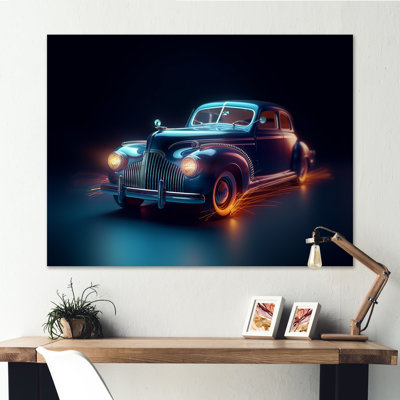 «Neon Light Strips Indigo Vintage Car», reproduction sur toile