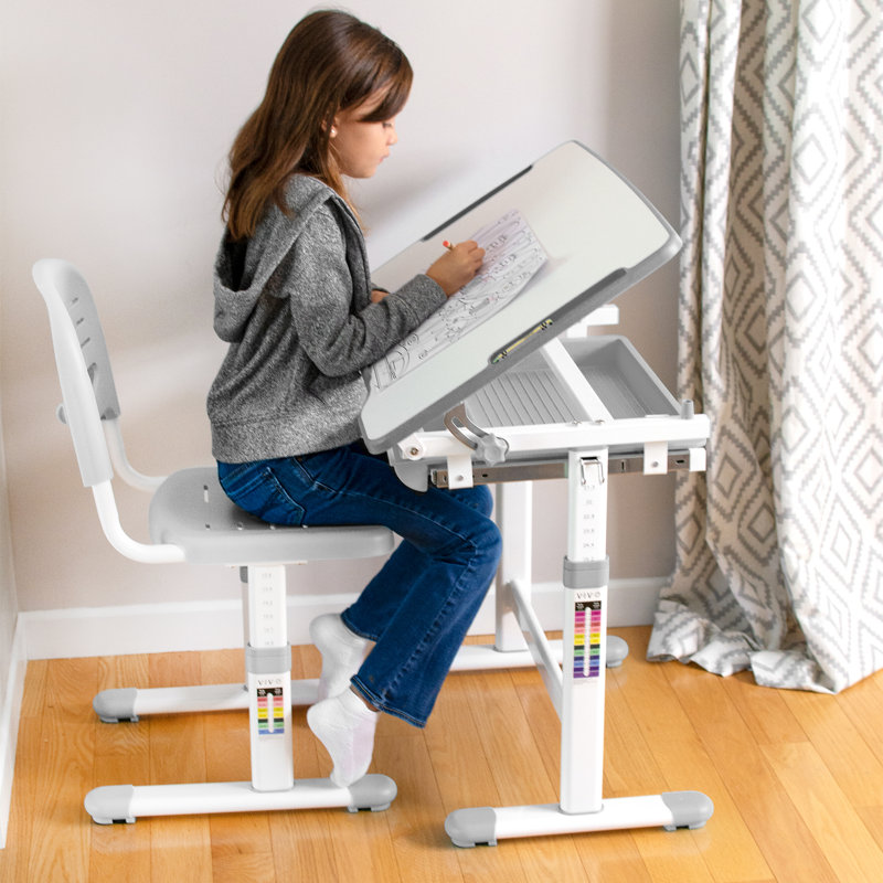 Gray Adjustable Height Kids Desk and Chair Set with Drawer