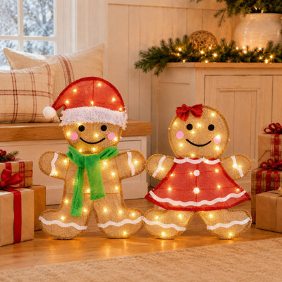 Décorations de Noël extérieures pour le jardin, ensemble de 2 bonhommes en pain d'épice lumineux 2D pré-éclairés pour terrasse et pelouse.