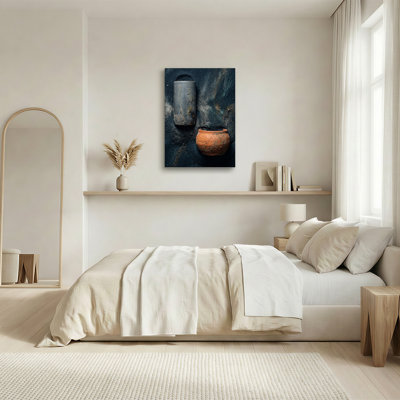 Art mural sur toile, "Rustic Ceramique Vessels" sur fond bleu texturé