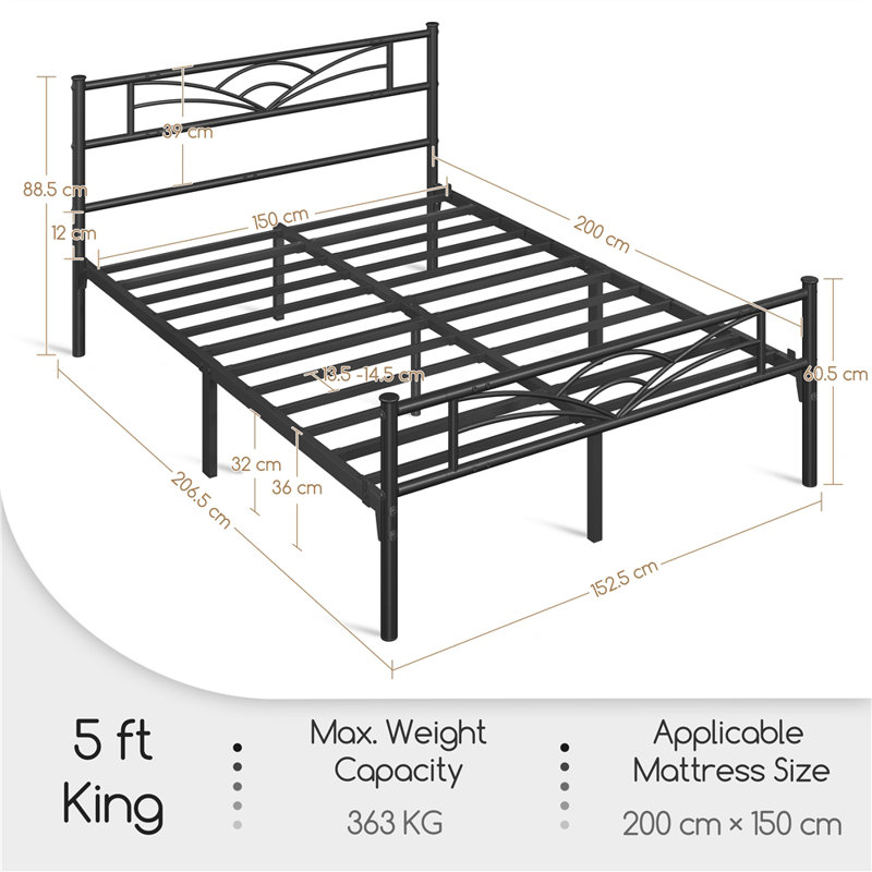 88.5cm Height Metal Bed Frame with Cloud-inspired Design Headboard, Black, Kingsize (5')