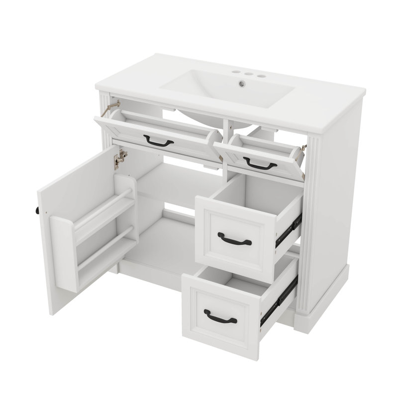Ensemble de meuble-lavabo 36 po avec lavabo intégré, lavabo simple avec 4 tiroirs, porte à fermeture en douceur et tablette personnalisable, lavabo en céramique inclus