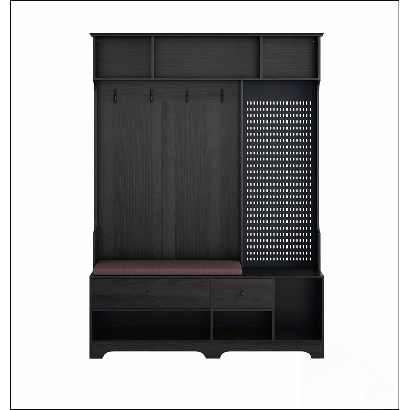 Arbre d'entrée polyvalent avec banc d'entrée en lin amovible, portemanteau, tablettes de rangement et panneau perforé pour le couloir et le salon