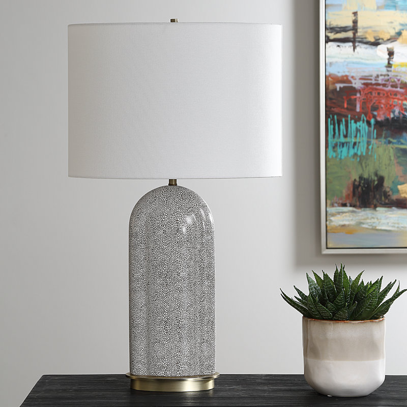 White Linen and Porcelain Table Lamp with Brass Accents