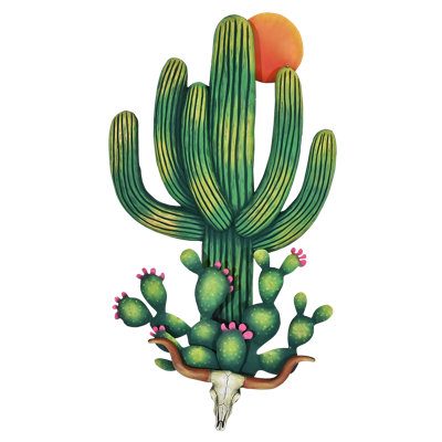 Cactus 3D Nopal et Saguaro avec crâne et soleil en acier et fibre de verre de qualité