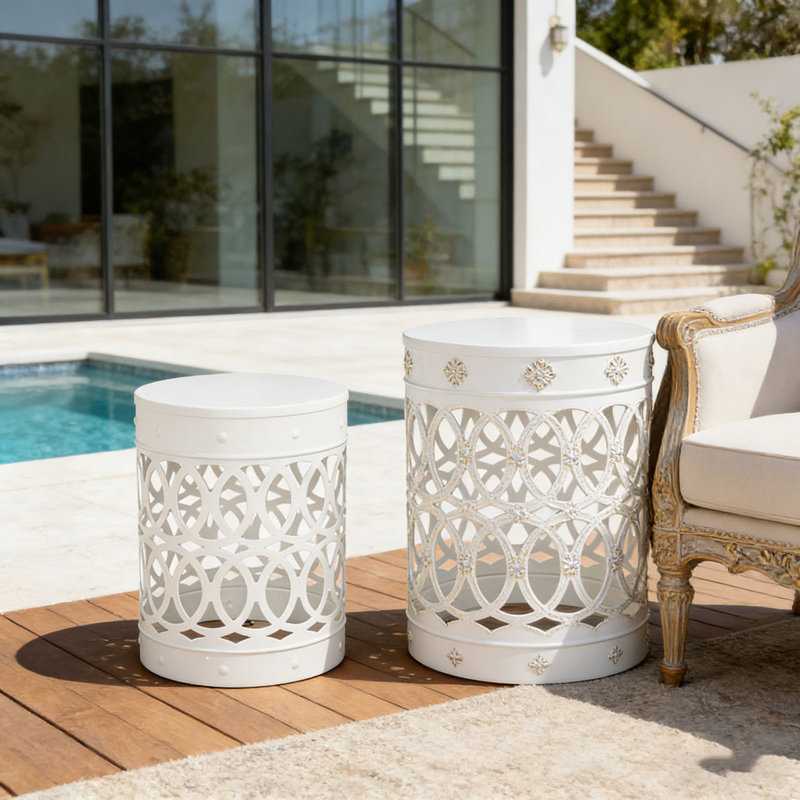 Table de bout d'extérieur en métal, Blanc, 2
