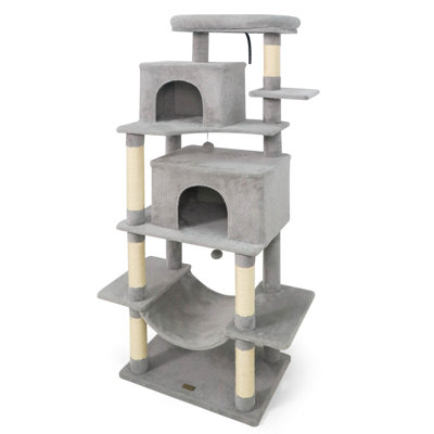 70” Large Cat Tree for Indoor Cats with Plush Top Perch, Dual large Condos, Hammock Light Gray