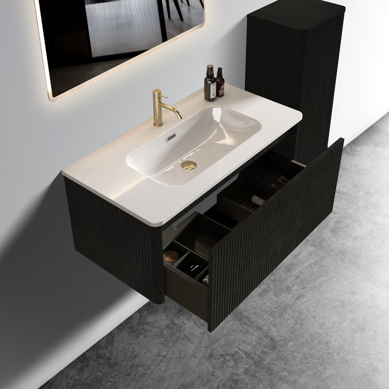 36" Modern Bathroom Vanity - Striped Black Oak, White Ceramic Sink, Thoughtful Details Pre-Assembled For Living With Sink