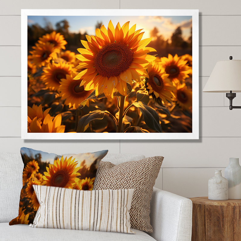 Tournesols orange et tournesols éclairés II, H 30 po x l 40 po x P 1,5 po, Cadre photo blanc