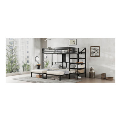 Twin Bunk Beds For 3, Over Twin Bunk Bed Metal Triple Bunk Bed With Desk   Shelves, Space Saving/Noise Reduction, Black