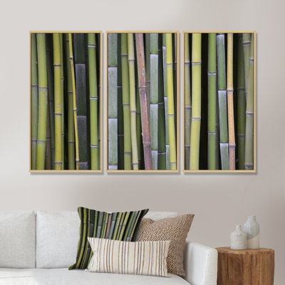 Green Green Bamboo Stems - Cabin & Lodge, ensemble de 3 toiles d'art encadrées