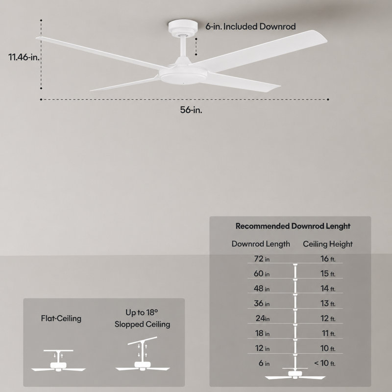Burslem Outdoor Ceiling Fan 56'', Indoor Ceiling Fan Without Light, Modern Style with Remote, 6-Speed DC Motor and Quiet High Airflow - Matte White