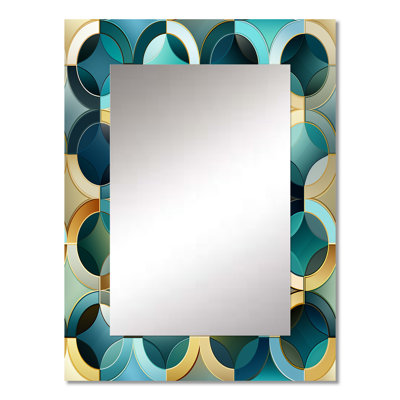 Teal And Golden Modern Geometric Tiles - Geometric  Decorative Mirror, Geometric Wall Mirror, Printed Metal Art