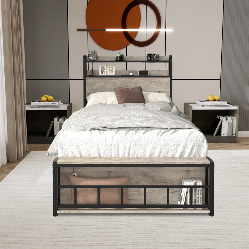 Cadre de lit simple avec tête de lit, station de charge et lumière DEL pour la chambre à coucher