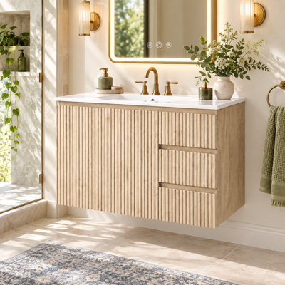 36 Inch Wall Mounted Bathroom Vanity with Ceramic Sink 3 Soft Close Drawers Soft Close Doors and Hidden Handles