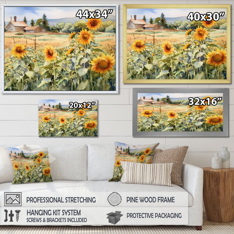 Tournesol doré à la ferme IV - reproduction sur toile, H 12 po x l 20 po x P 1 po, Toile tendue