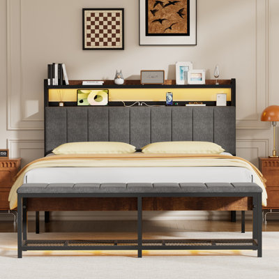 Bed Frame With Storage Headboard & Bed End Stool, Upholstered Platform Bed With Charging Station & LED Lights, Heavy Duty Metal Slats, No Box Spring N