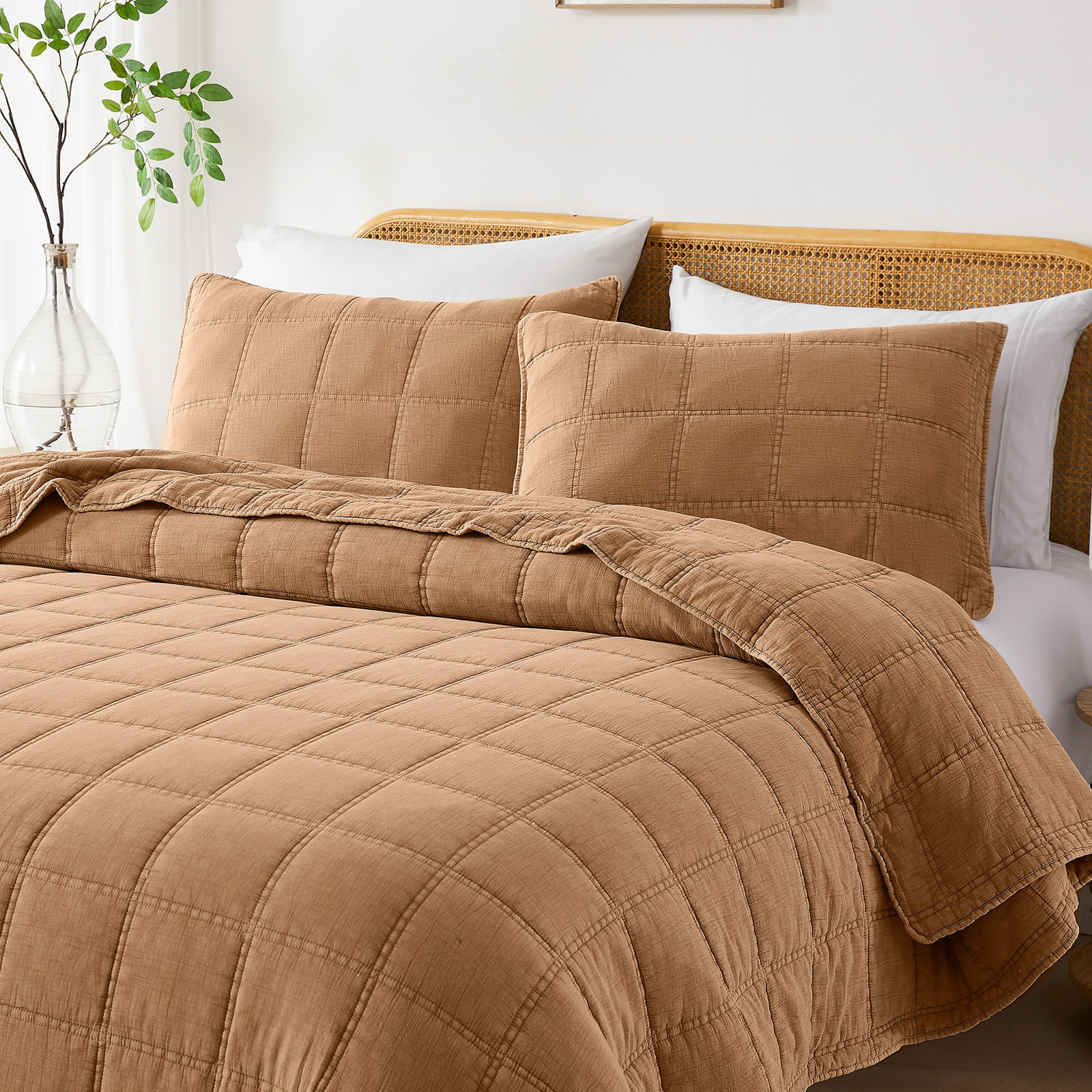 Logan Stone Washed Cotton Quilt Set, Queen Quilt + 2 Standard Shams, Brown