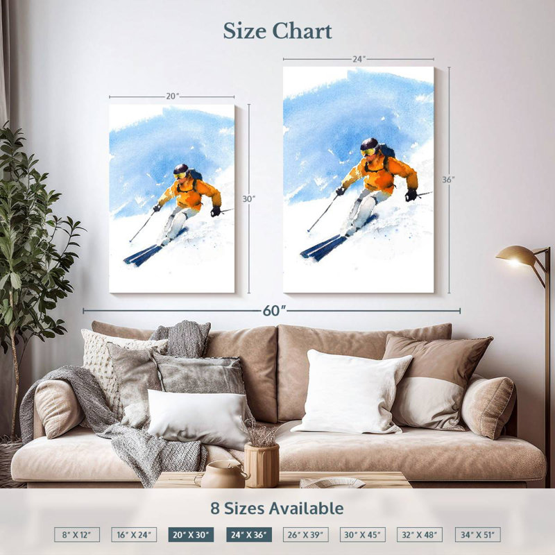 Sirci, skieur en action, H 36 po x l 24 po