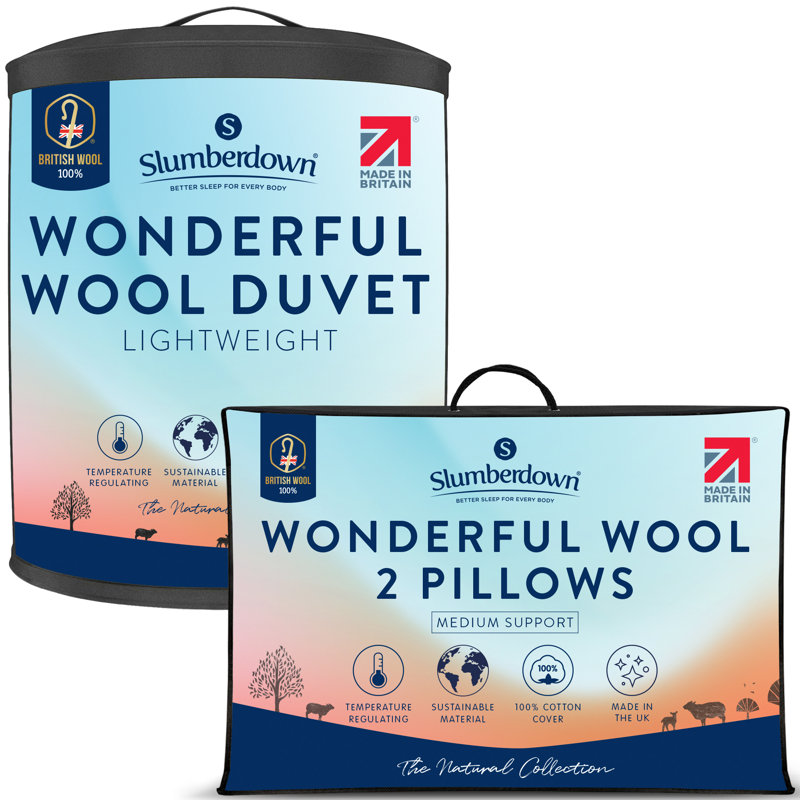 Wonderful Wool Lightweight Duvet with 2 Medium Support Pillows, Single