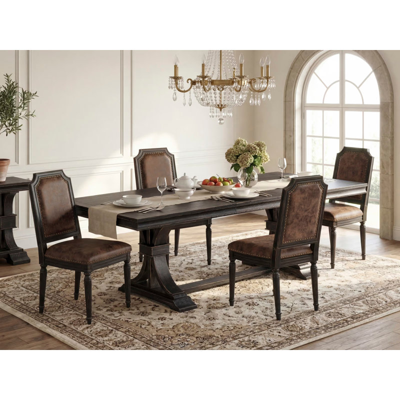 L'ensemble de table de salle à manger 5 pièces Mid-Century comprend une table de cuisine et 4 chaises en cuir de polyuréthane brun texturé avec dossier haut - finition sablée