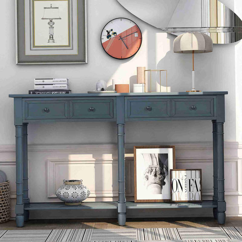 Console Console avec deux tiroirs de rangement et une tablette inférieure pour le salon et l'entrée (bleu marine antique)