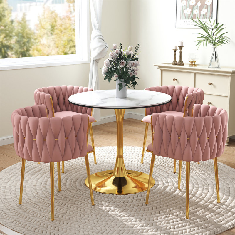 Ensemble de salle à manger à piédestal rond avec chaise tissée, 5, Rose