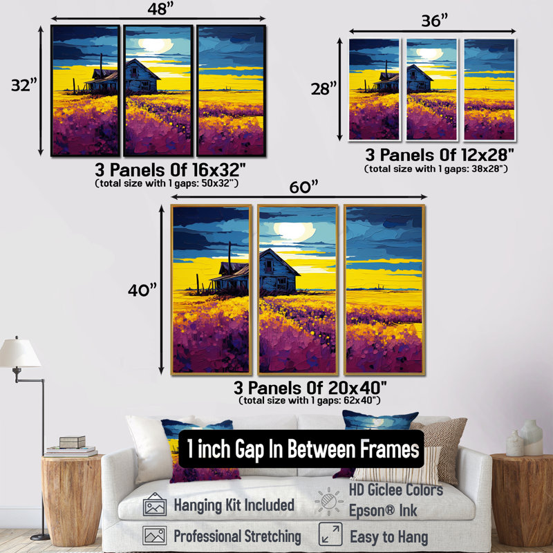 «White Country House Lavender Field Sunset», ensemble d'art mural paysage, Cadre flottant noir, H 28 po x l 36 po x P 1 po