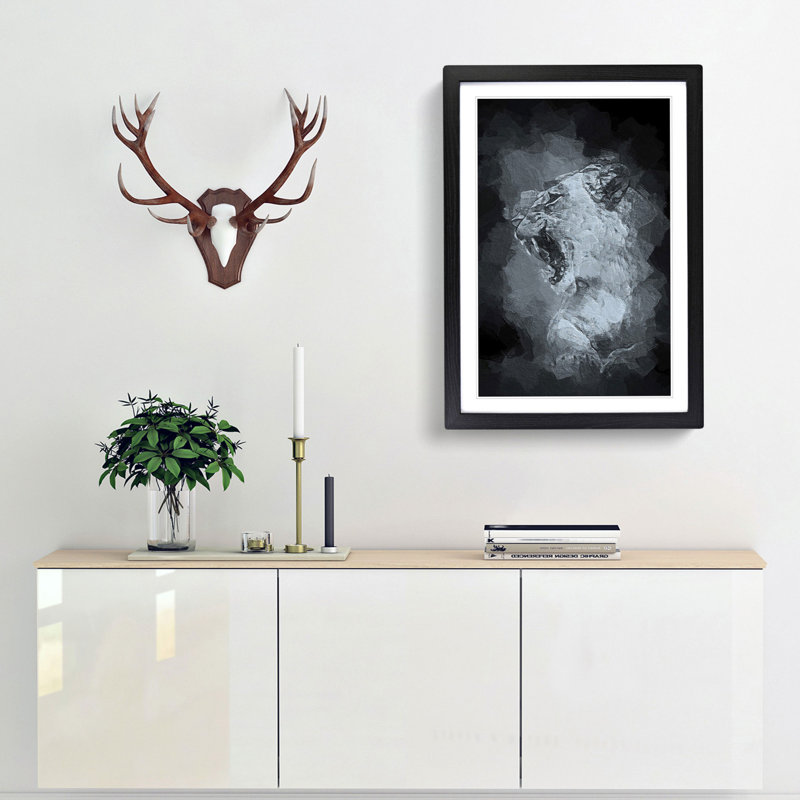 Fierce Lioness in Abstract - Picture Frame Painting Print, 48cm H x 36cm W x 2cm D, Black Framed