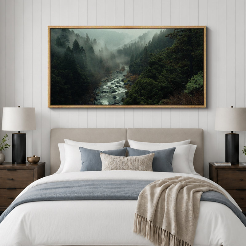 «Mystical Misty Forest River Modern Art», très grande impression d'art, H 30 po x l 60 po, Naturel