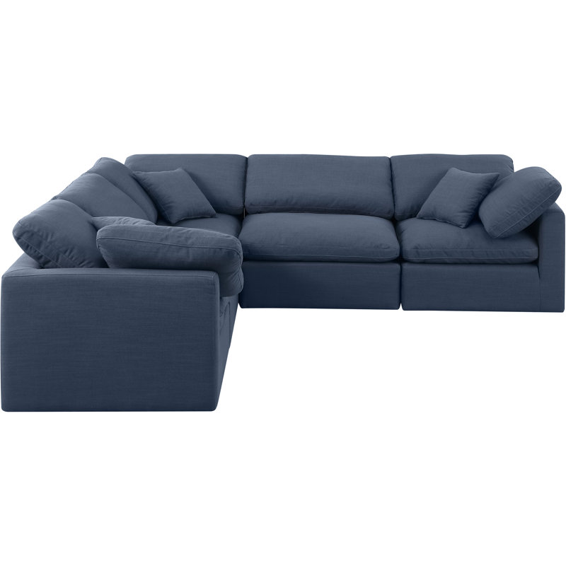 Canapé modulaire en coin 5 pièces Hinami, Tissu texturé en lin bleu marine