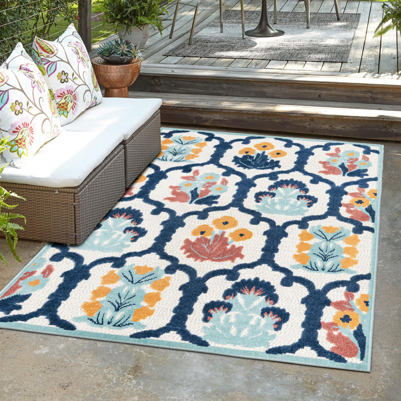 Outdoor Askersund Area Rug Ivory-Navy Blue Color, Rectangle 5'3" x 8'