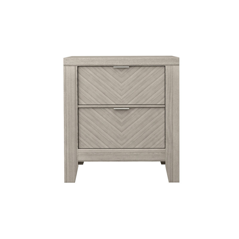 Table de chevet 2 tiroirs en gris, bois massif +, ornement gris 2 avec structure et placages de frêne