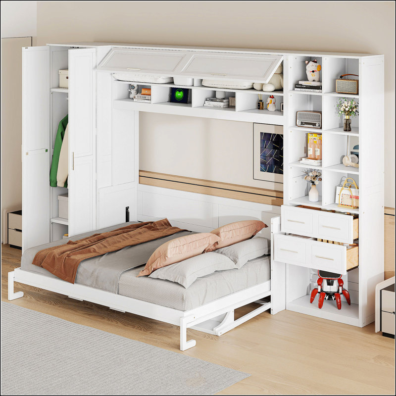 Murphy Bed With Closet, White, Queen